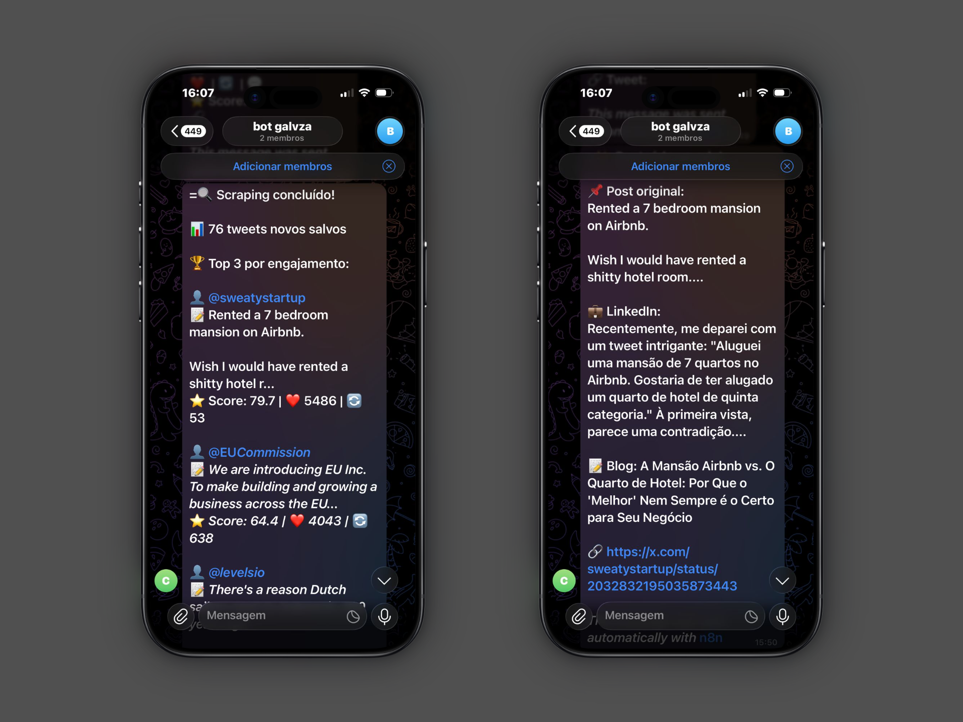Screenshot do Content Repurposer Bot funcionando no Telegram